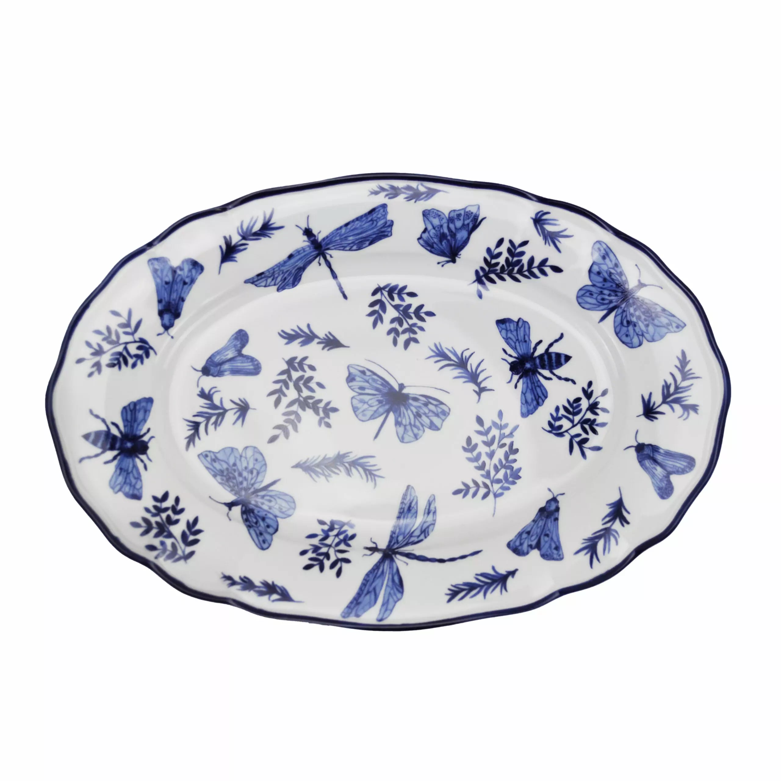 ARCUCCI – SONIA VASSOIO OVALE DIAMETRO CM 36 PORCELLANA DECORO CON FARFALLE E FIORI - Blu
